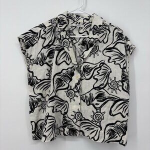 Madewell Boxy Cap-Sleeve Shirt Black White Sea Shell Print Womens‎ Small Linen